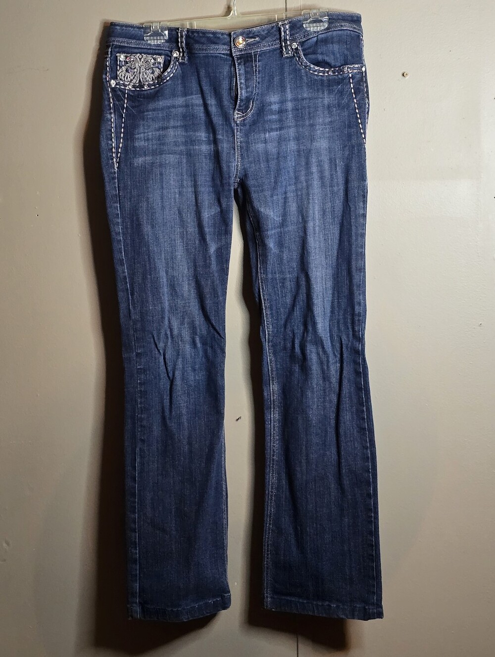 L.A. idol Dark Blue Flare Jeans with Embroidered Pocket